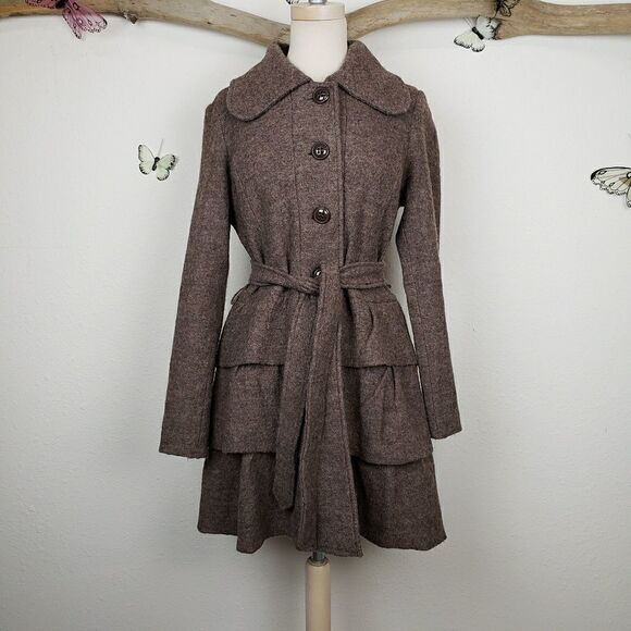 Cynthia Rowley brown wool coat with ruffles - Picture 1 of 8